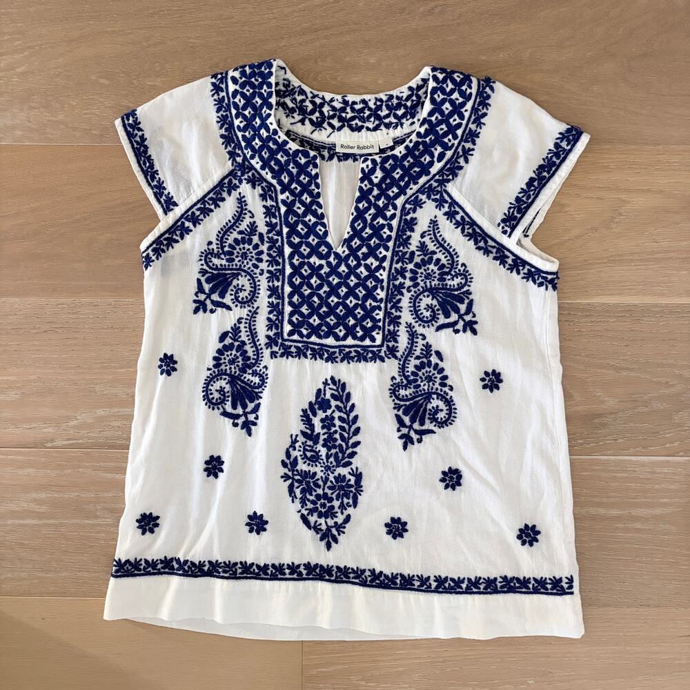 Roller Rabbit Faith Top Blouse White Blue Women's Medium